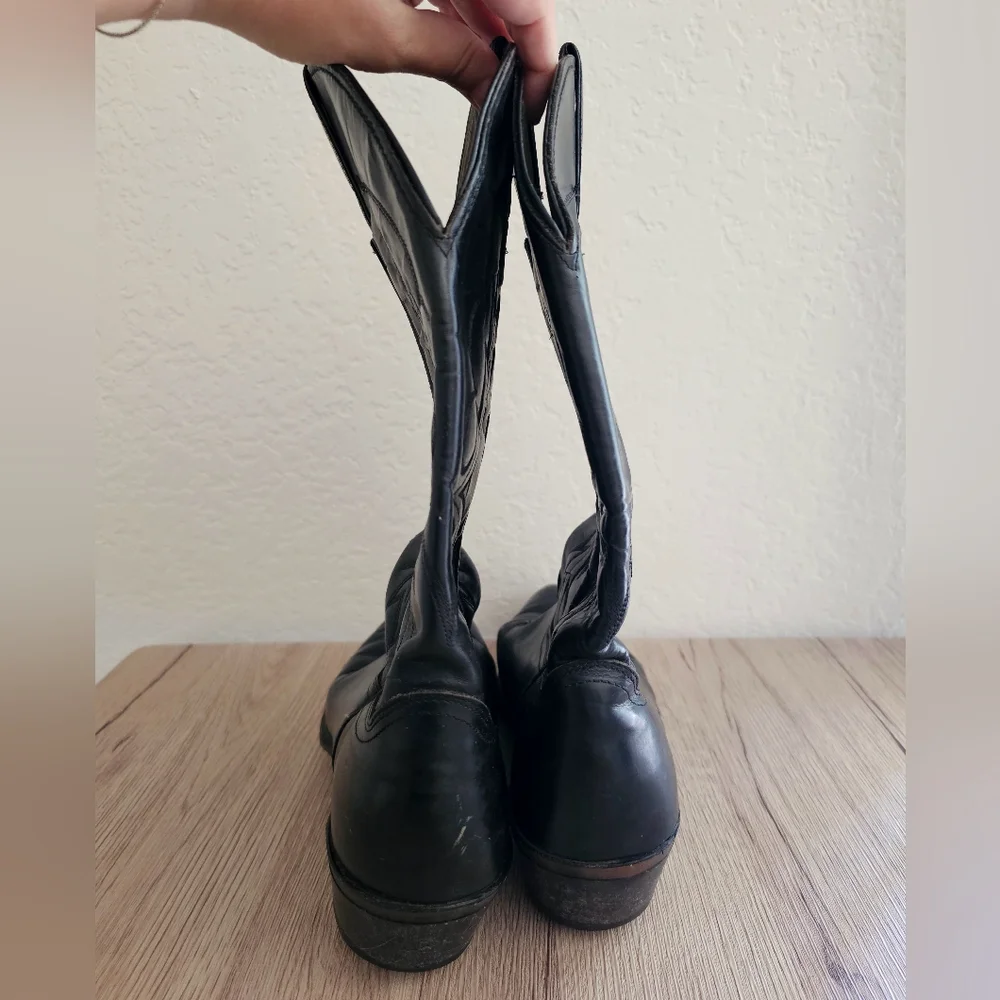Abilene Cowboy Western Festival Floral Embroidered Black Leather Boots, size 8-9